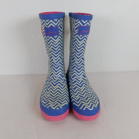 Joules Shoes - Joules Blue Stripe Pink Sole Mid Height Wellington Rain Boots Women US size 7